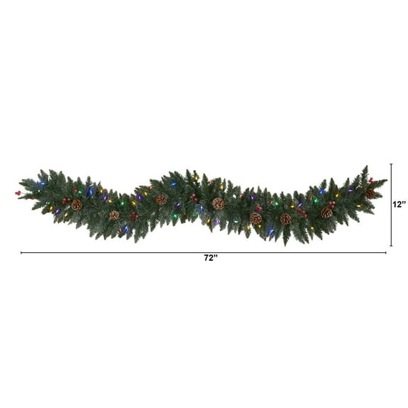 Nearly Natural 6ft. Snow Dusted Artificial Christmas Garland with 50 Multicolored LED Lights, Berries and Pinecones
