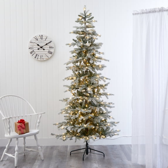 Nearly Natural 7.5' Green Slim Spruce Flocked Artificial Christmas Tree Prelit 450 LED Lights