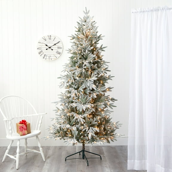 Nearly Natural 7.5' Green Spruce Flocked Artificial Christmas Tree Prelit 450 Lights