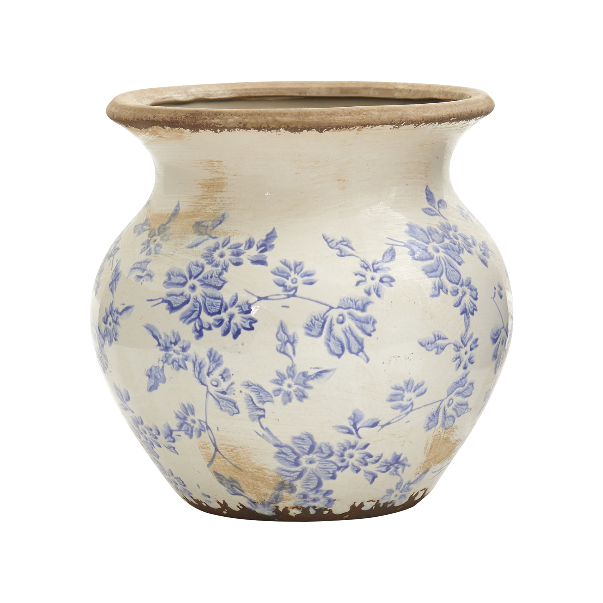 Nearly Natural 7" Traditional Tuscan Ceramic Blue Scroll Urn Vase