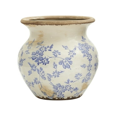 Nearly Natural 7" Traditional Tuscan Ceramic Blue Scroll Urn Vase