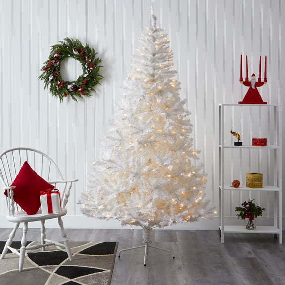 Nearly Natural 7' White Artificial Christmas Tree Prelit 350 Clear LED Lights