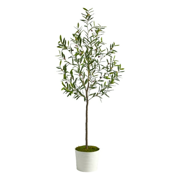 Nearly Natural 70" Olive Artificial Tree in White Tin Planter