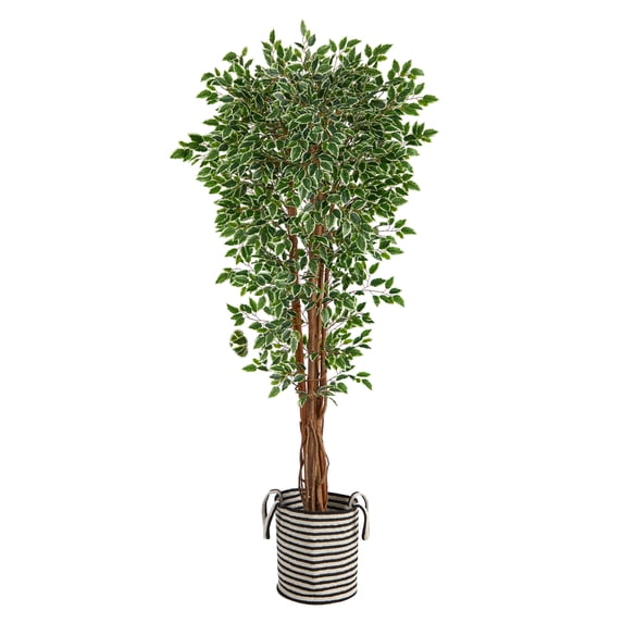Nearly Natural 70in. Variegated Ficus Artificial Tree in Handmade Black and White Jute and Cotton Planter UV Resistant (Indoor/Outdoor)