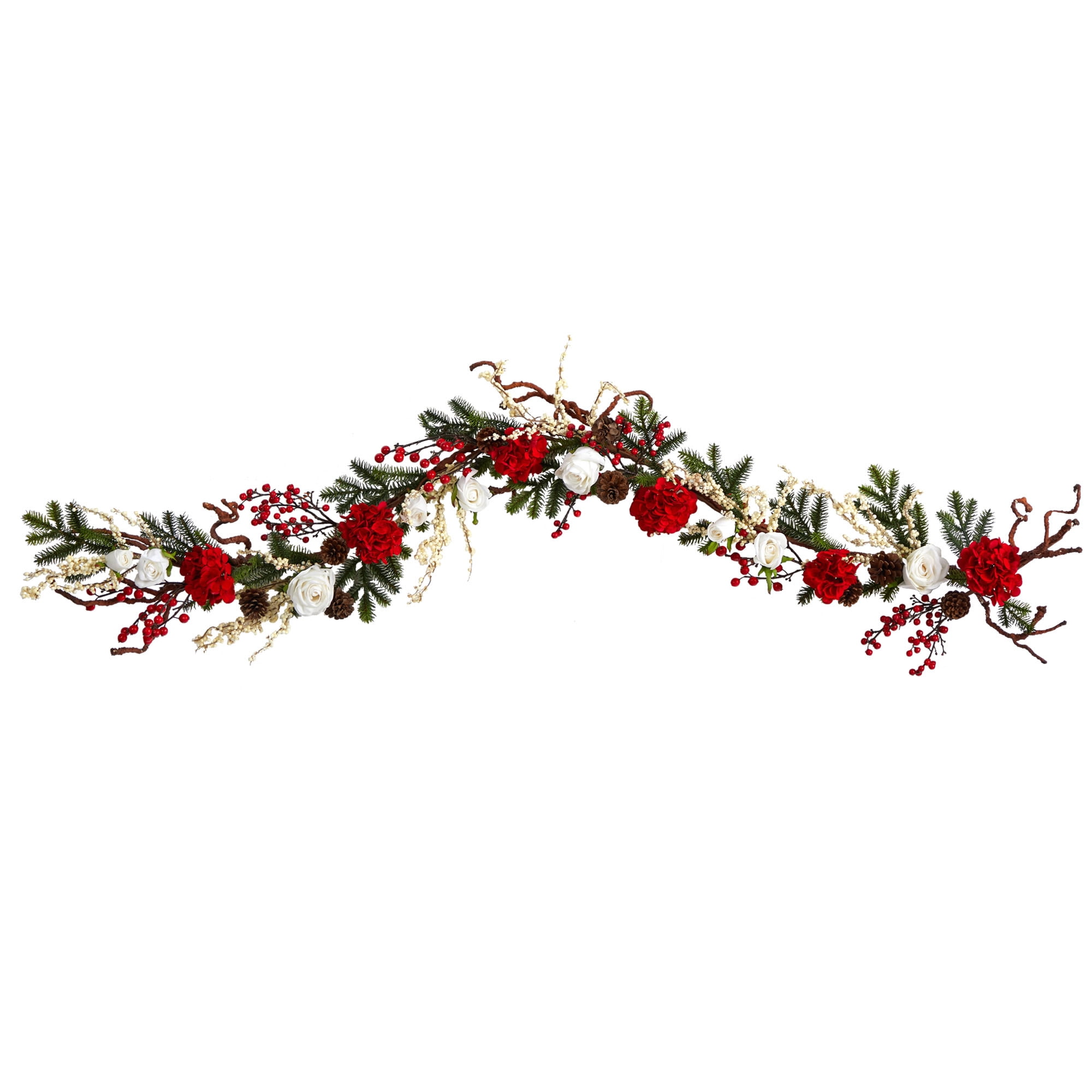 72-Inch Red and White Hydrangea Garland with Pinecones