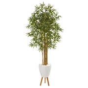 Nearly Natural 74" Multi Bambusa Bamboo Artificial Tree in White Planter