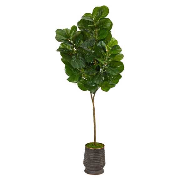 Nearly Natural 74in. Fiddle leaf Fig Artificial Tree in Ribbed Metal Planter