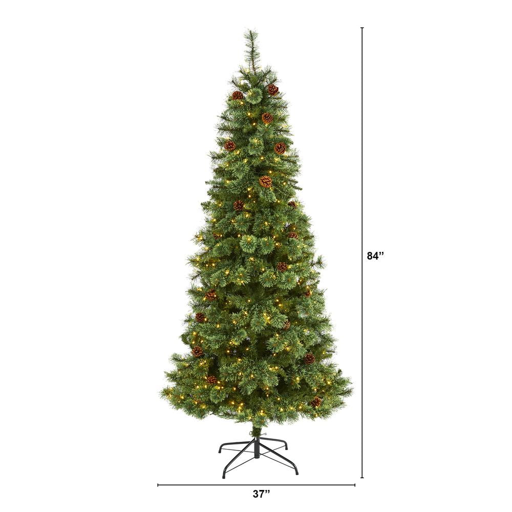 Nearly Natural 7ft Green Pine Artificial Christmas Tree with LED Lights and Pine Cones