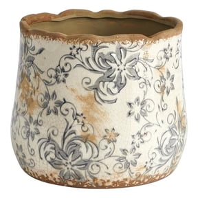 Nearly Natural 7in. Tuscan Ceramic Gray Scroll Planter