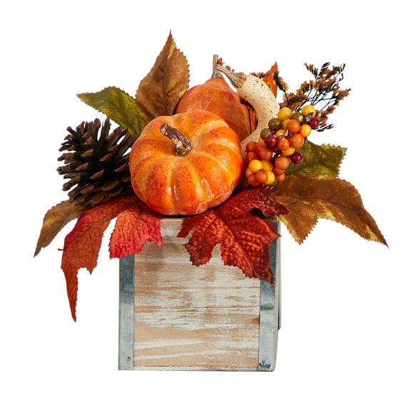 Nearly Natural 8" Fall Pumpkin, Gourd, Berries and Pinecones Artificial Flower Arrangement in Natural Washed Vase, Orange