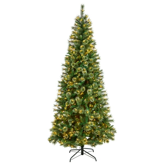Nearly Natural 8' Green Slim Snow Tip Pine Artificial Christmas Tree Prelit 600 Clear LED