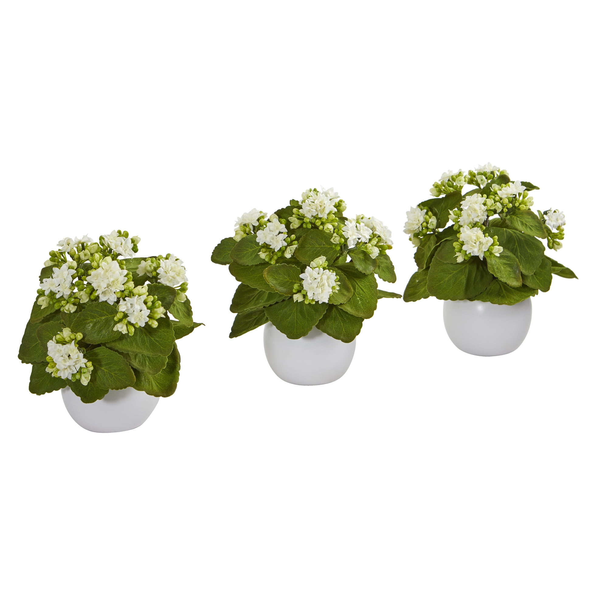 Nearly Natural 8” Kalanchoe Artificial Plant in White Vase (Set of 3