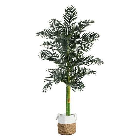 Nearly Natural 8ft. Golden Cane Artificial Palm Tree in Handmade Natural Cotton Planter