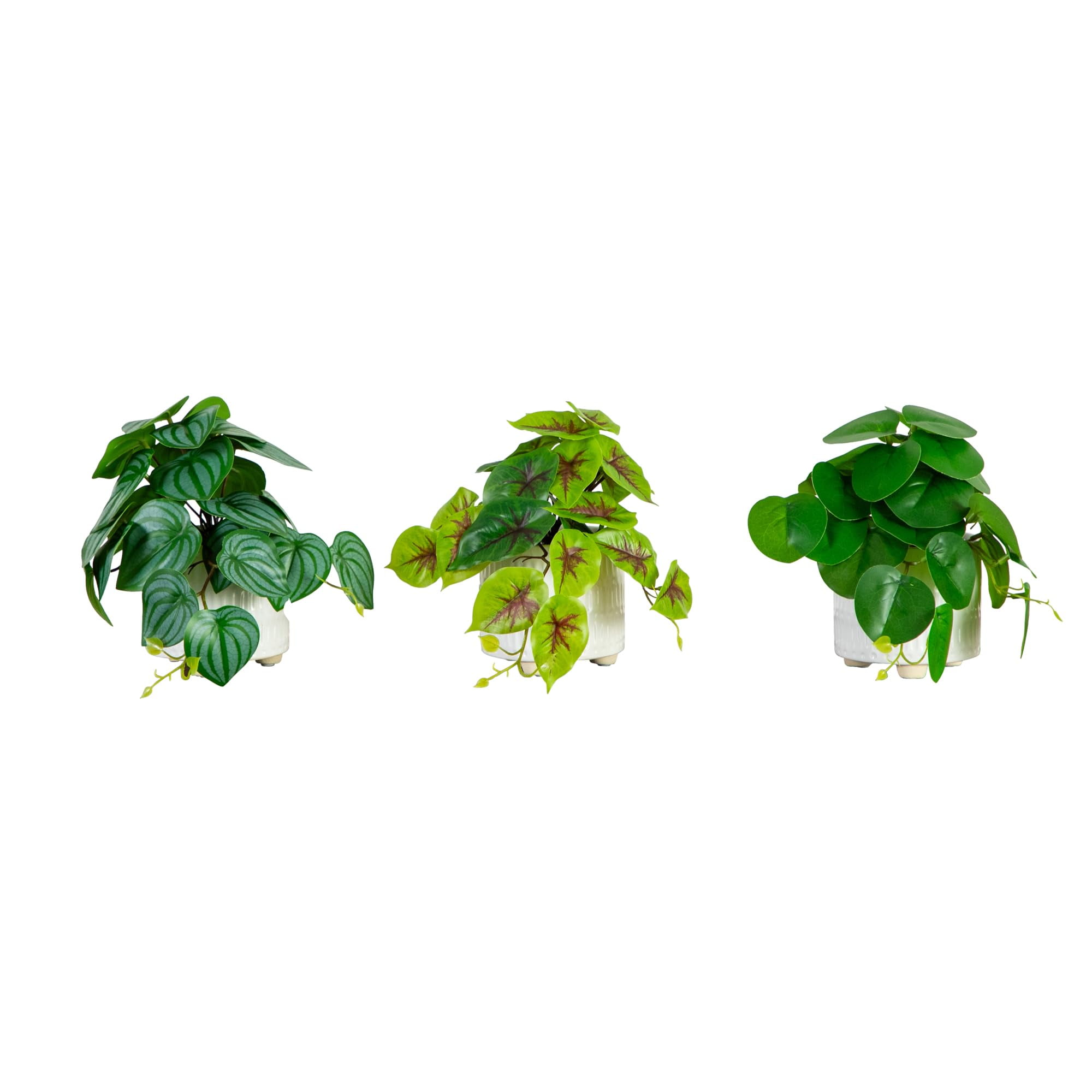 Set of Three 8-inch Green and White Plastic Potted Plants