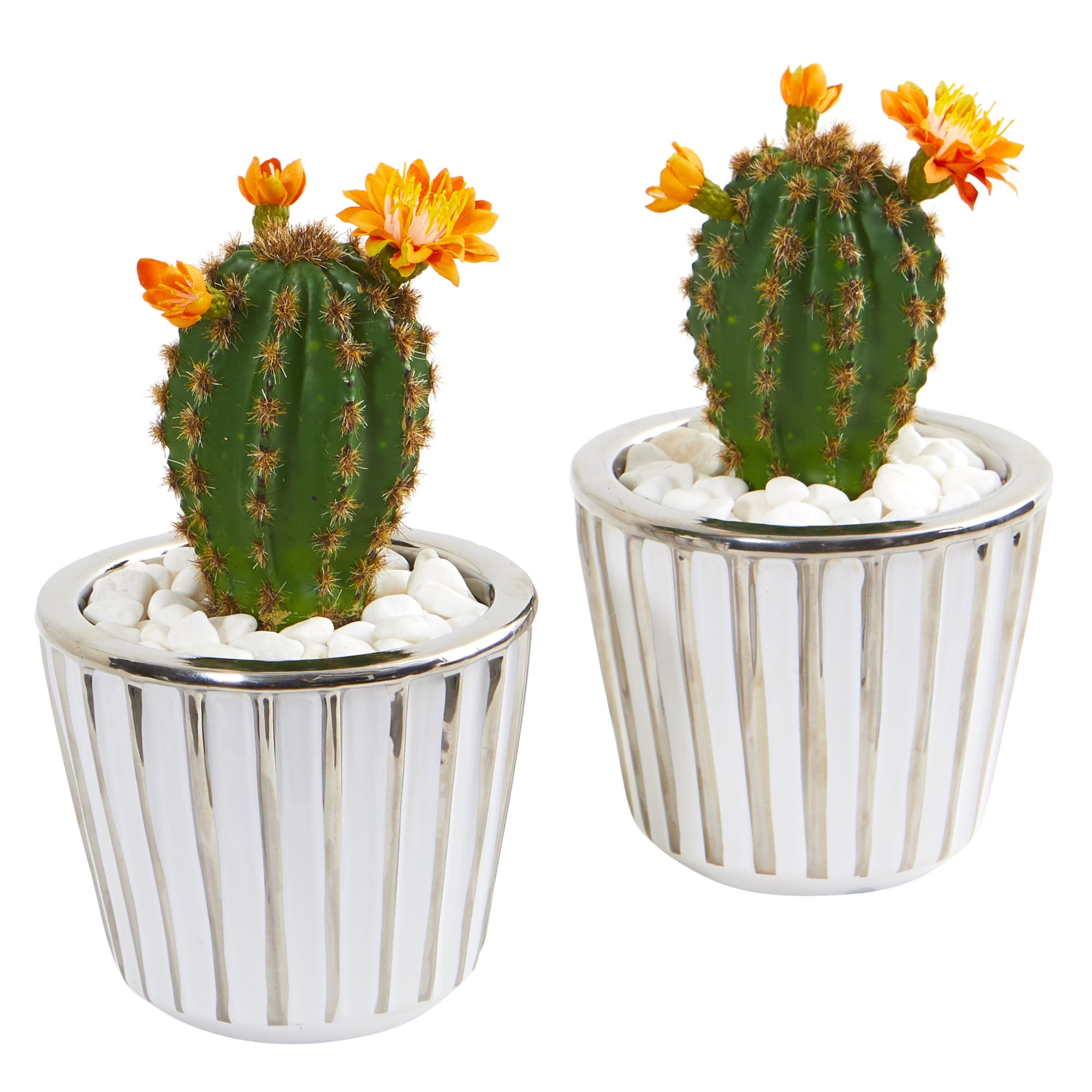 Nearly Natural 8in. Flowering Cactus Artificial Plant in Decorative Planter (Set of 2), Green