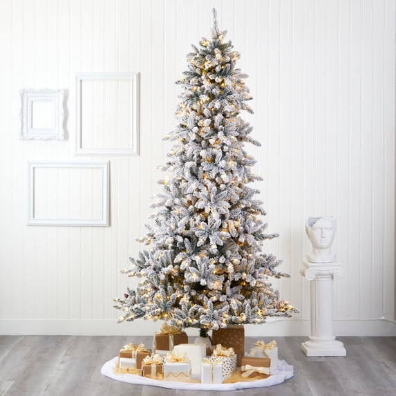 Nearly Natural 9' Flocked Fir Artificial Christmas Tree Prelit with 650 Clear Warm LED Lights