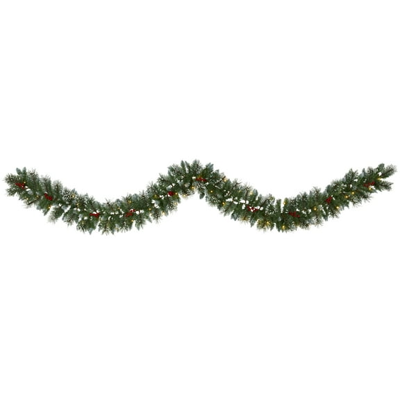Nearly Natural 9' Green Pine Frosted Christmas Garland with Berries Prelit 50 Clear LED Lights