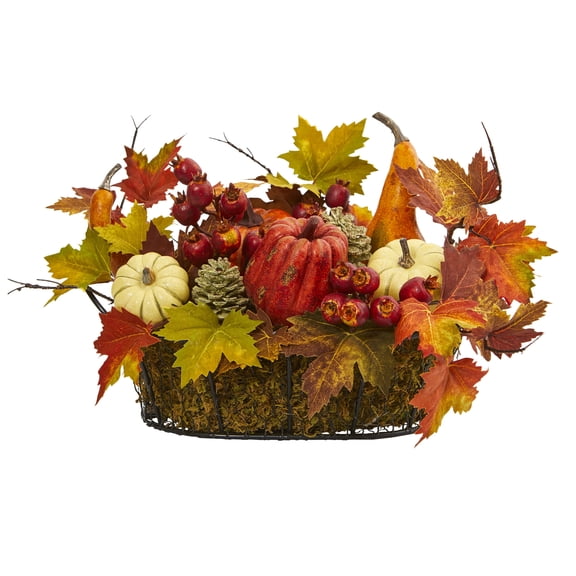 Nearly Natural 9" Pumpkin, Gourd, Berry and Maple Leaf Artificial Plant, Multicolor