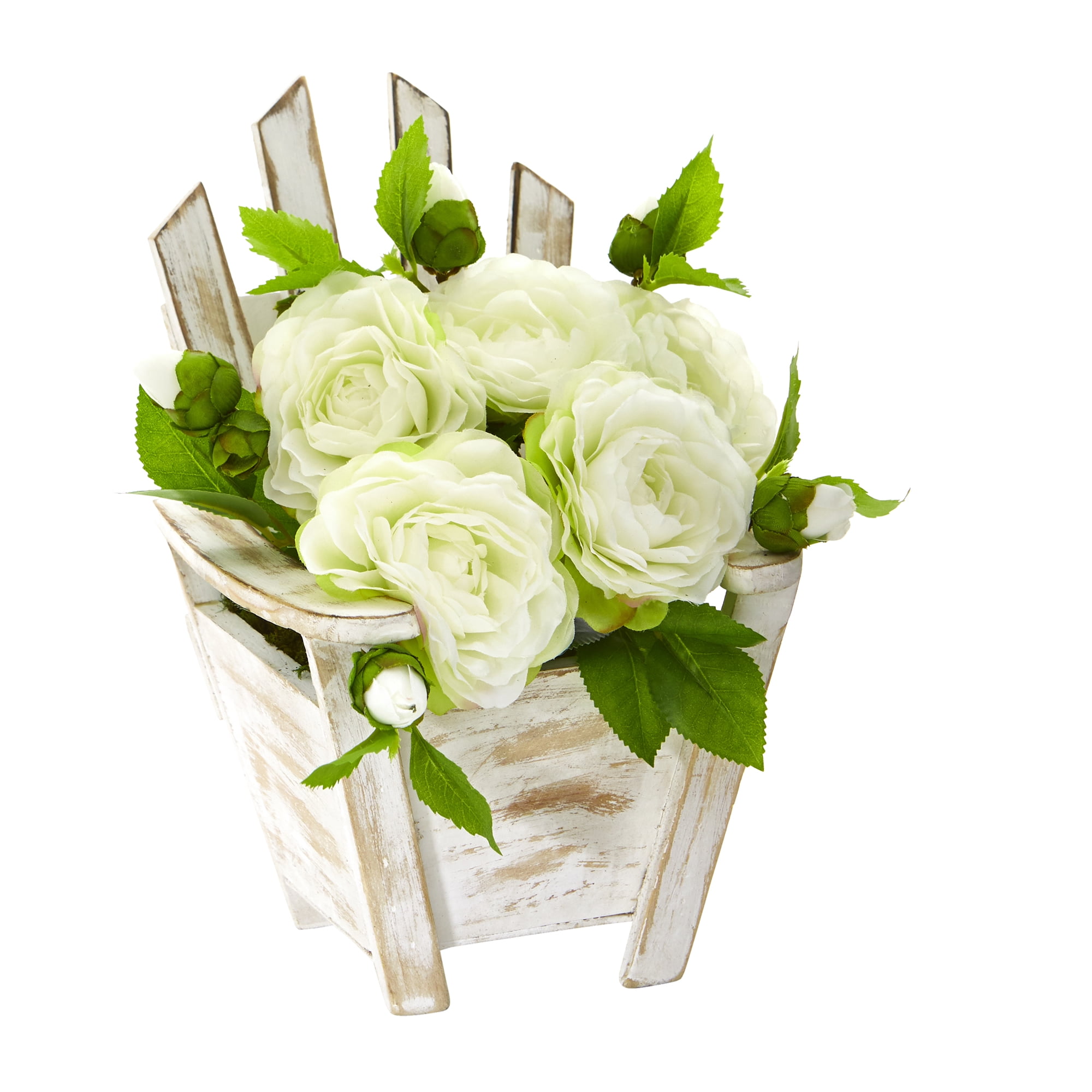Nearly Natural 9in. Camellia Artificial Arrangement in Chair Planter, White