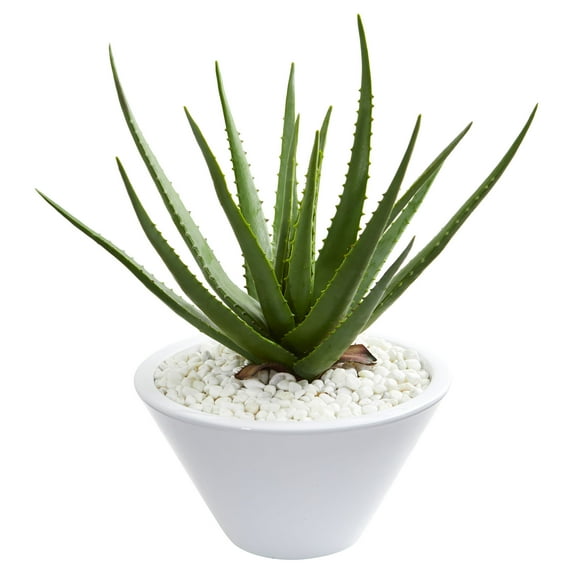 Nearly Natural Aloe Artificial Plant in White Bowl Planter, Green