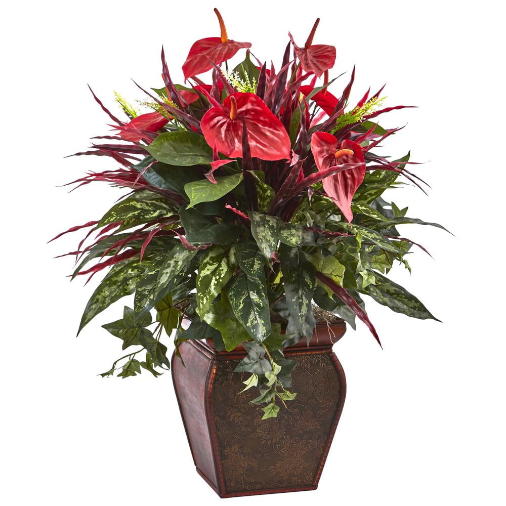 Exotic Anthurium Mixed Plant in Brass Floral Planter - 26" Centerpiece