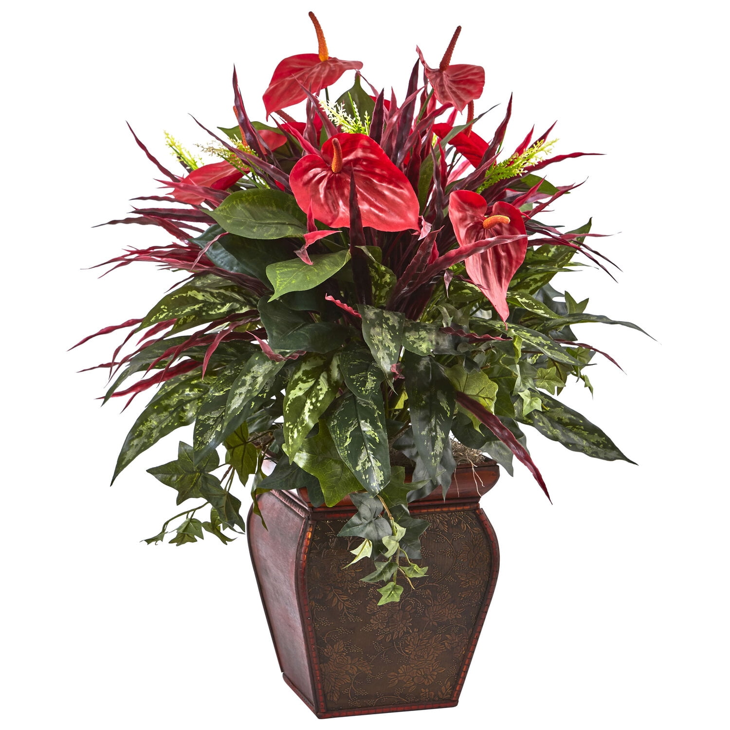 Exotic Anthurium Mixed Plant in Brass Floral Planter - 26" Centerpiece