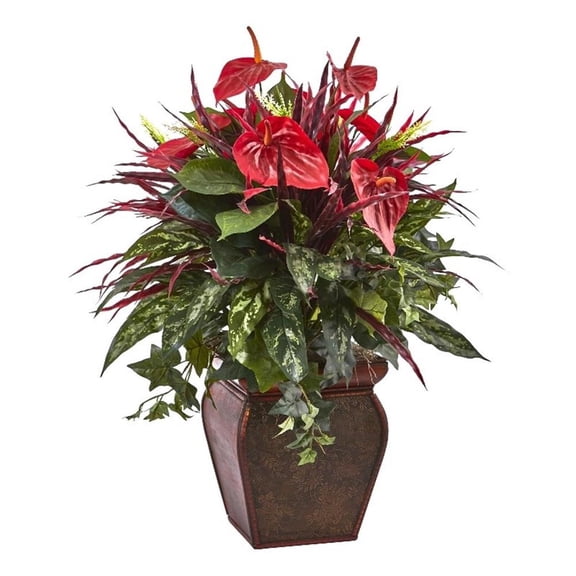 Nearly Natural Anthurium Mixed Plant with Planter in Red