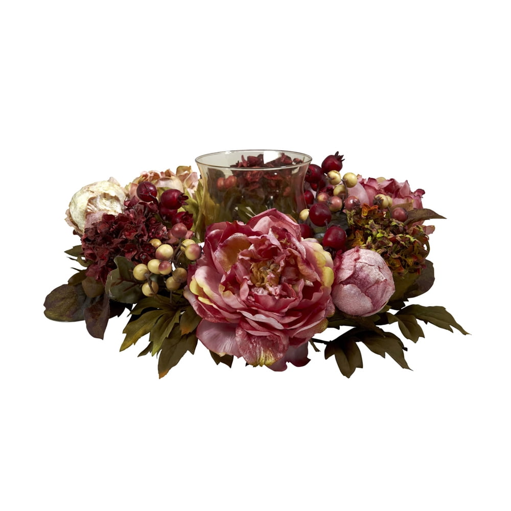 Burgundy Peony and Hydrangea Fall Floral Candelabrum