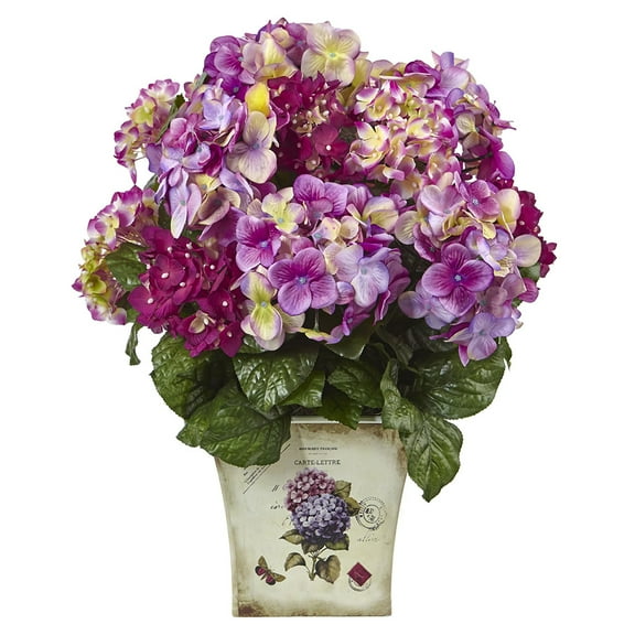 Nearly Natural Artificial Mixed Hydrangea Arrangement with Planter, Pink