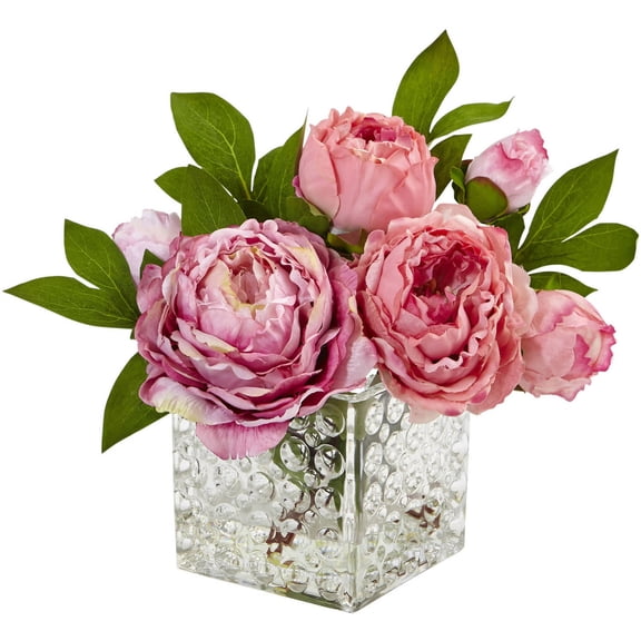 Nearly Natural Artificial Peony in Glass Vase