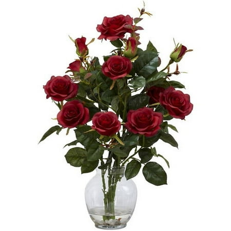 Nearly Natural Artificial Rose Bush Silk Flower Arrangement with Vase, Red