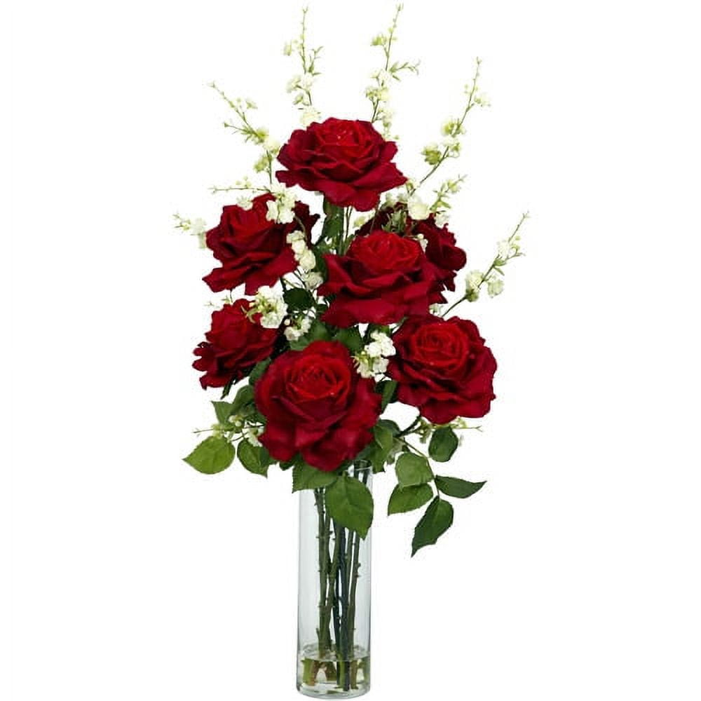 Elegant Red Rose and Cherry Blossom Tabletop Arrangement with Glass Vase