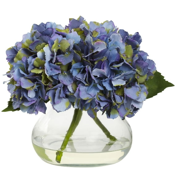 Nearly Natural Blooming Hydrangea Artificial Flowers with Vase, Blue