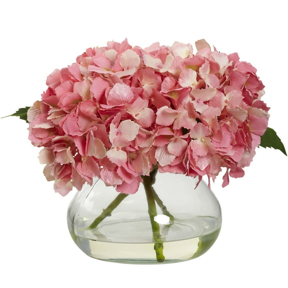 Nearly Natural Blooming Hydrangea Artificial Flowers with Vase, Pink