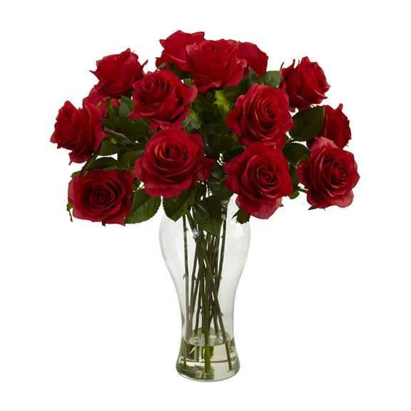 Nearly Natural Blooming Roses Artificial Flower Arrangement with Vase in Red