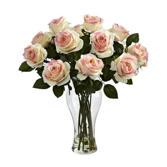 Nearly Natural Blooming Roses Artificial Flowers with Vase, Light Pink