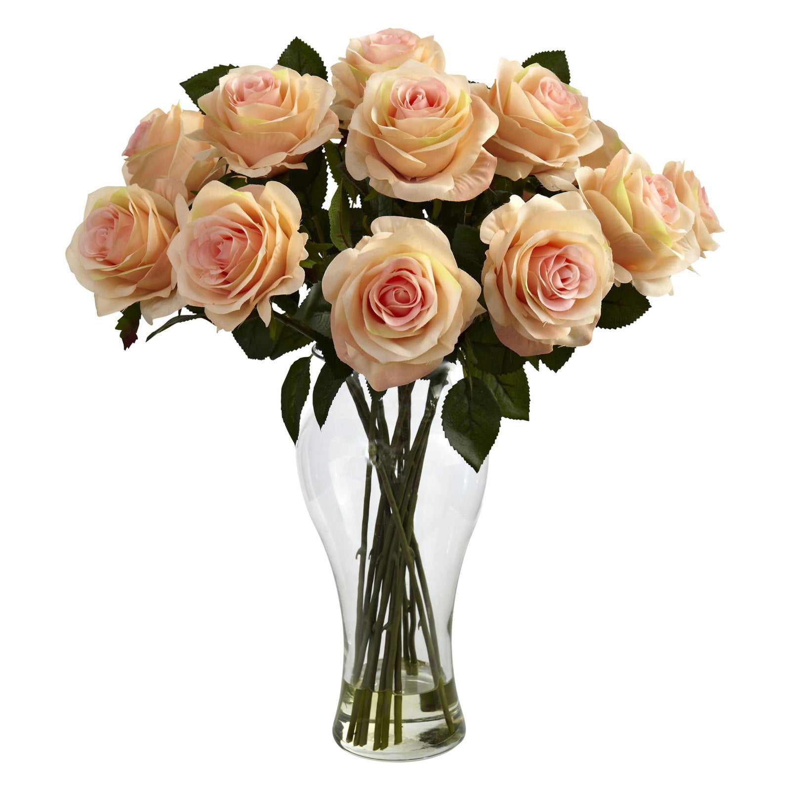 Peach Blooming Roses in Decorative Glass Vase, 22-inch