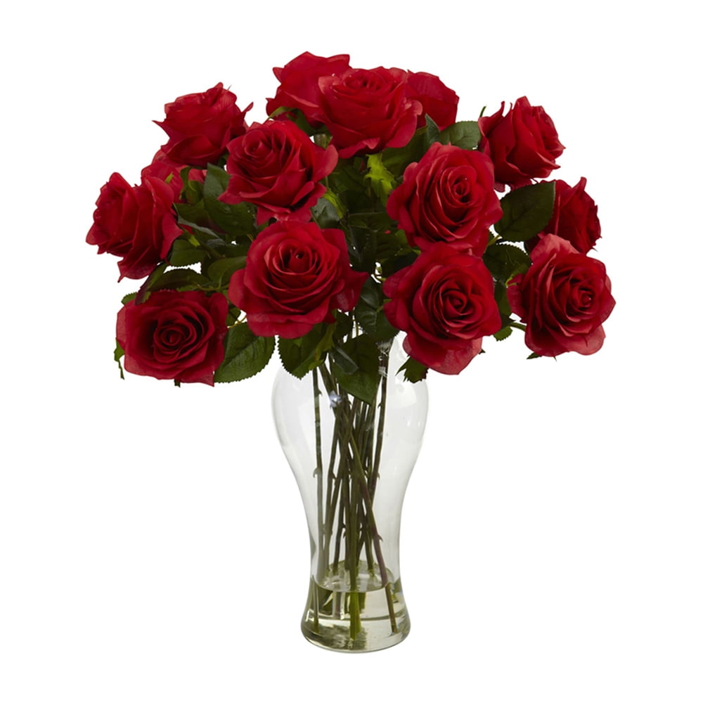 Nearly Natural Red Blooming Roses with Clear Vase