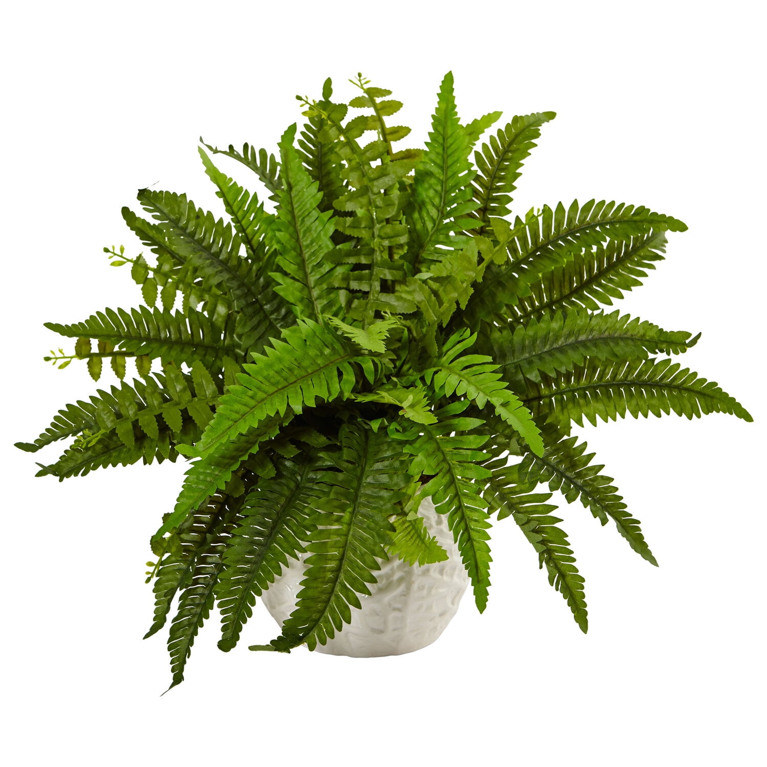 Green Faux Fern in Textured White Planter for Outdoor Decor