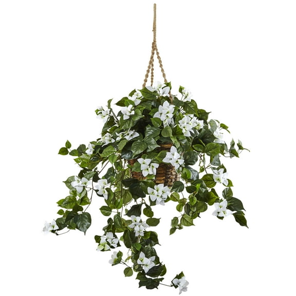 Nearly Natural Bougainvillea Hanging Basket, White