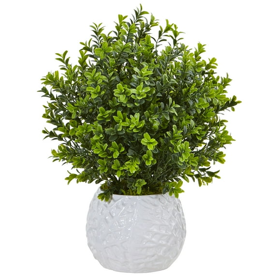 Nearly Natural Boxwood Artficial Plant in White Vase (Indoor/Outdoor)