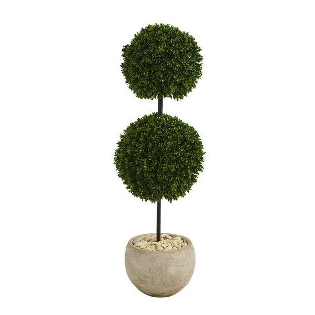 45” Boxwood Double Ball Artificial Topiary Tree in Sand Colored Planter (Indoor/Outdoor) by Nearly Natural