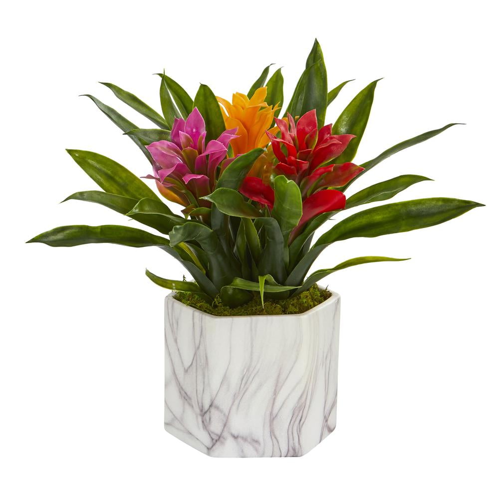 Vibrant Bromeliad Artificial Arrangement in Marble Vase
