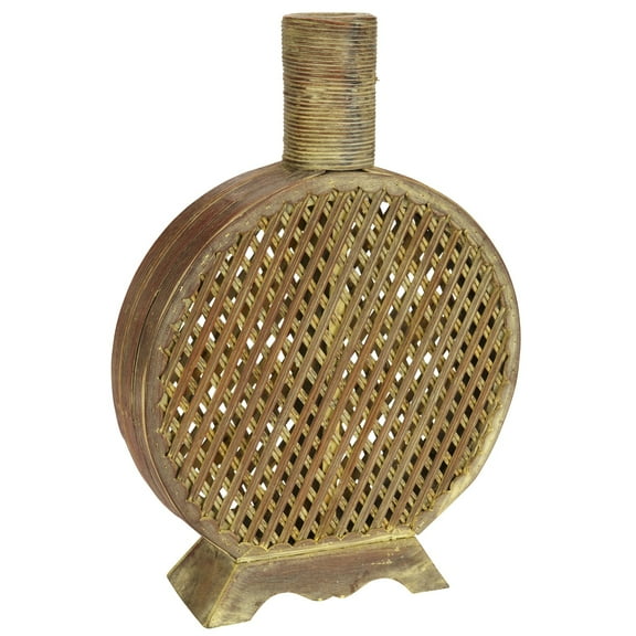 Nearly Natural Brown Wood/PVC Leather Open Weave Decorative Vase, Modern