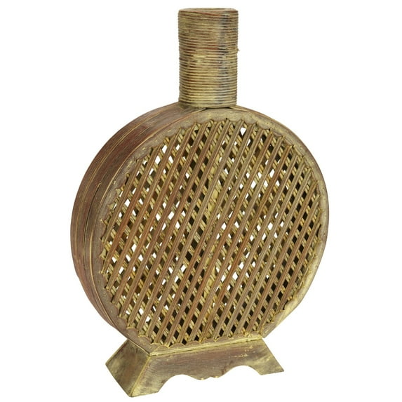 Nearly Natural Brown Wood/PVC Leather Open Weave Decorative Vase, Modern