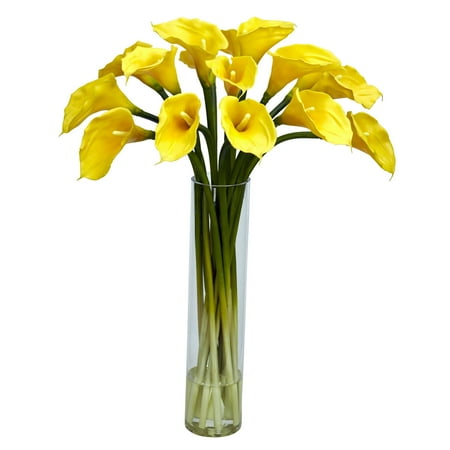 Nearly Natural Calla Lilly Silk Flower Arrangement with Cylinder Vase, Yellow
