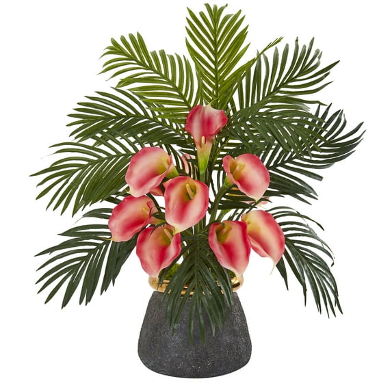 Nearly Natural Calla Lilly and Areca Palm Artificial Arrangement in Stoneware Vase