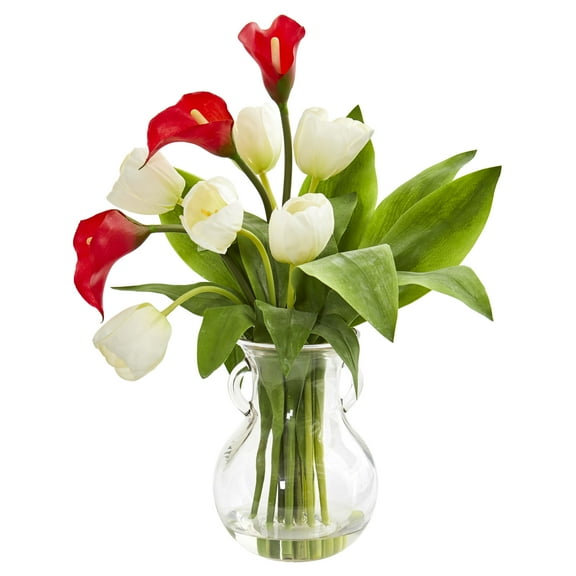 Nearly Natural Calla Lily & Tulips Artificial Arrangement in Decorative Vase
