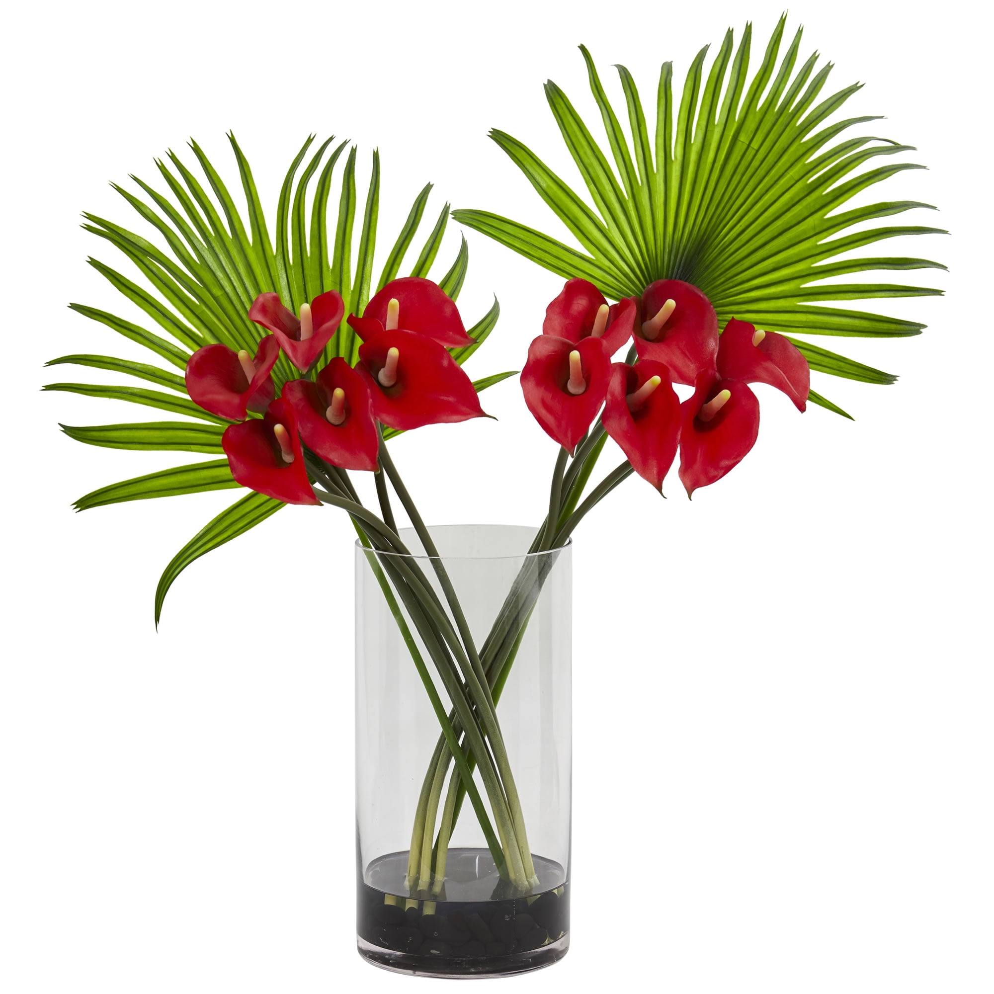 Nearly Natural Calla Lily and Fan Palm Artificial Arrangement in Vase, Red