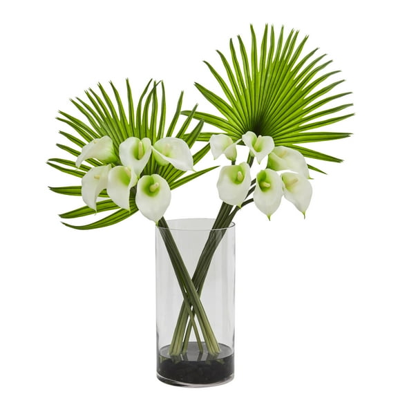 Nearly Natural Calla Lily and Fan Palm Artificial Flower Arrangement in Cylinder Glass Vase, Off-White
